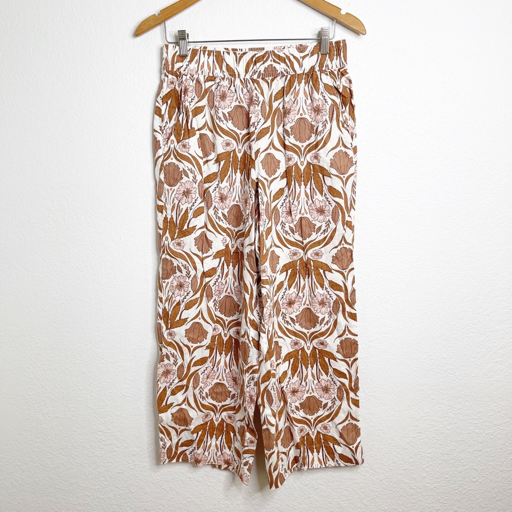 Rachel Zoe Womens Small 100% Linen Wide Leg Pants Floral Damask Brown Cream